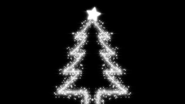 Shining white zigzag stardust forming a festive holiday tree on black background in 4K
