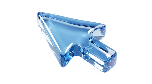 3d render of a glossy blue glass computer mouse pointer isolated on transparent background