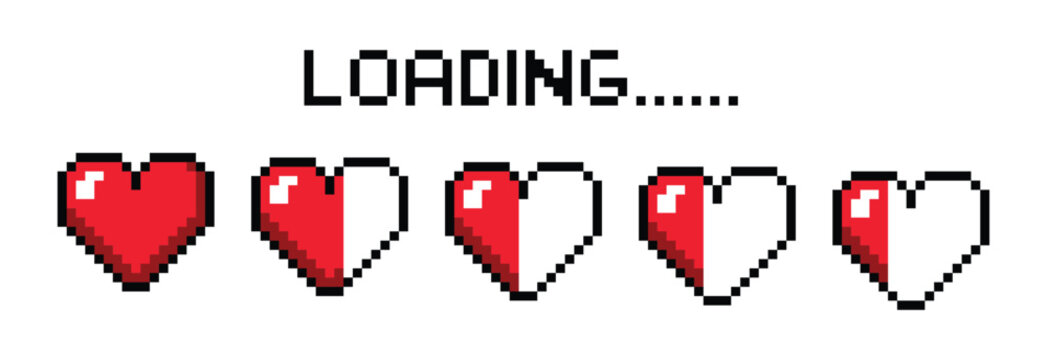 Pixelated Progress: A classic pixel art graphic displays a loading bar composed of five heart icons, with only the first two hearts fully red, indicating progress.