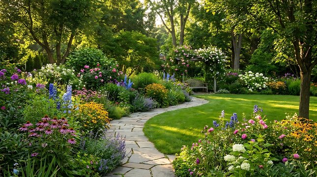 A beautiful stone path winding through a lush green garden with colorful flowers on a bright sunny day. garten im sommer