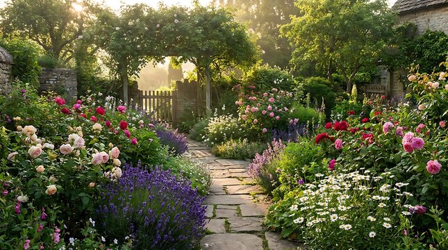 ErrorBeautiful stone path winding through a lush green garden with blooming flowers during a sunny day. garten im sommer