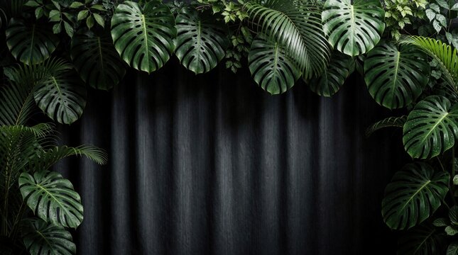 Tropical monstera leaves and palms frame a dark textured backdrop. Rich green foliage creates a natural border against a shadowy, minimalist scene. Vibrant plants offer organic beauty.