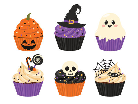 A collection of Halloween cupcakes decorated with frosting and spooky, festive accents. Vector illustration isolated on a white background