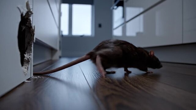 Curious rat explores wooden floor indoors cautious movement