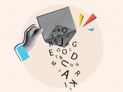A hand holds an upside-down envelope from which letters are spilling out. Modern collage style. Vector illustration