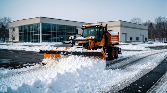 Orange snow plow clears heavy winter snowfall from industrial building parking lot. Large truck removes white snow drifts using heavy machinery. Professional driver maintains commercial property,