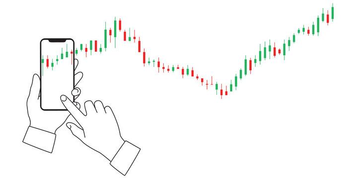 Hands holding a phone with an abstract growth candlestick graph on a screen - outline design element with red accent. Vector illustration isolated on a white background