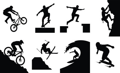 Fototapeta premium Extreme action sports black silhouette vector set featuring surfing biking skateboarding skiing and rock climbing