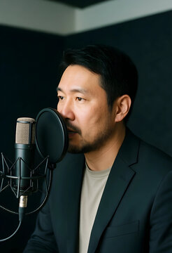 Podcasting and audio content creation, man speaking into a professional microphone for broadcast or voiceover work