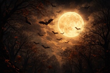 Naklejka premium Bats flying under full moon