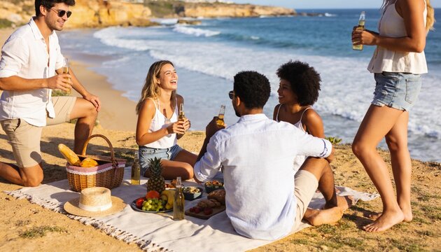 Diverse group of young friends enjoying a picnic on a coastal cliff at the beach, socialising with drinks and food during summer vacation for travel and lifestyle concepts