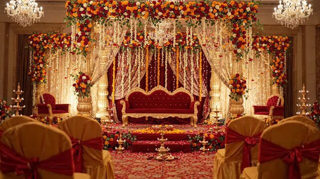 Ornate red golden indian wedding stage mandap floral backdrop interior photograph stock image