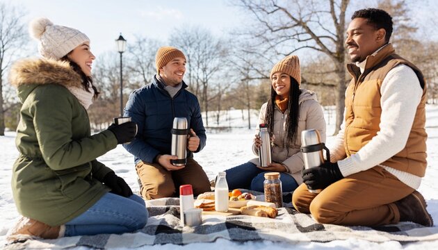 Group of diverse young adult friends having a winter picnic in a snowy park, men and women drinking hot beverages and eating together for outdoor leisure and seasonal bonding