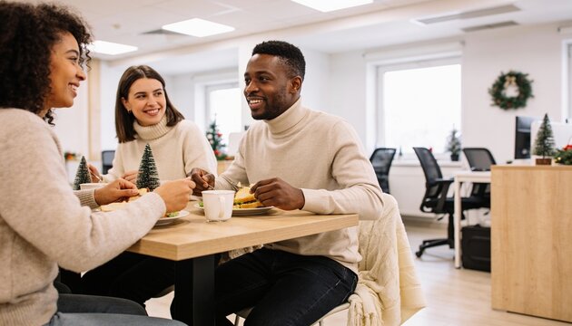 Diverse office colleagues sharing lunch and laughing in a decorated workplace during Christmas season, coworkers bonding over a meal for holiday celebration and teamwork