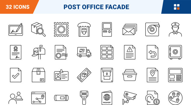 Post office facade line icon set. Vector pictograms of postal, service, mail, and delivery elements, thin linear illustration.
