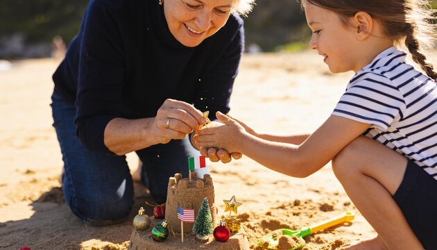 Senior woman and young girl decorating a sandcastle with Christmas ornaments on a sunny beach, multi-generational family celebrating winter holidays in summer during a tropical vacation