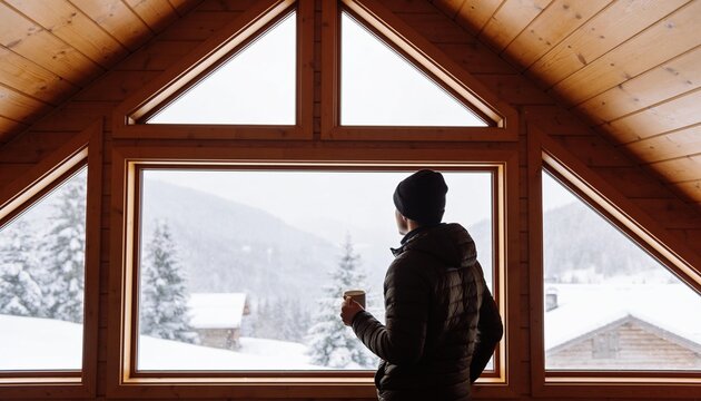 Adult man looking at snow covered mountains from inside a rustic wooden chalet while holding a hot drink, winter travel and mountain retreat for wellness and relaxation
