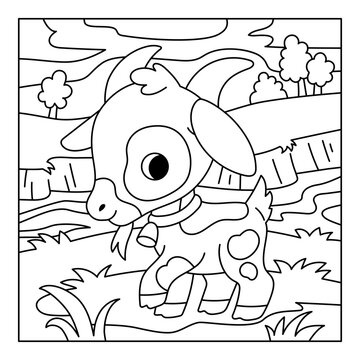 Coloring book for children with cute goat with river and banks and meadow. Black and white outline illustration for preschool and kindergarten kids. Square printable worksheet