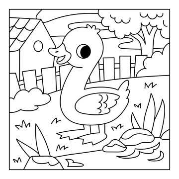 Coloring book for children with cute goose on farm background with pond and house. Black and white outline illustration for preschool and kindergarten kids. Square printable worksheet