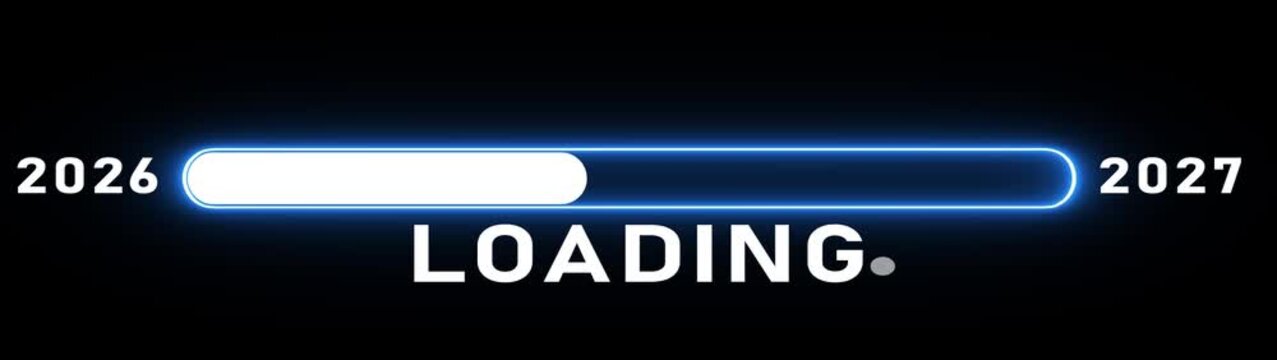 Glowing white Neon New Year 2027 loading bar animation. Year changing from 2026 to 2027. Loading bar from 2026 to 2027 new year transfer animation. Welcoming the happy new year 2027