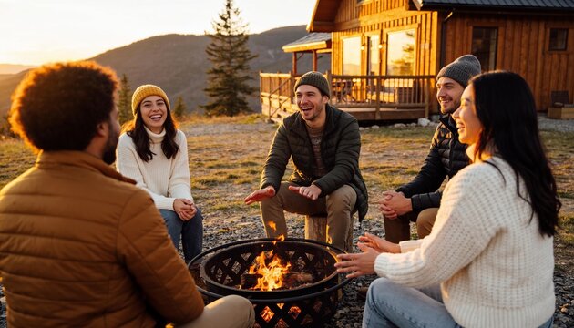 Group of diverse young friends laughing and warming hands around a fire pit outside a mountain cabin at sunset, cozy autumn vacation and friendship bonding in nature