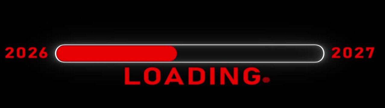 Glowing Red Neon New Year 2027 loading bar animation. Year changing from 2026 to 2027. Loading bar from 2026 to 2027 new year transfer animation. Welcoming the happy new year 2027