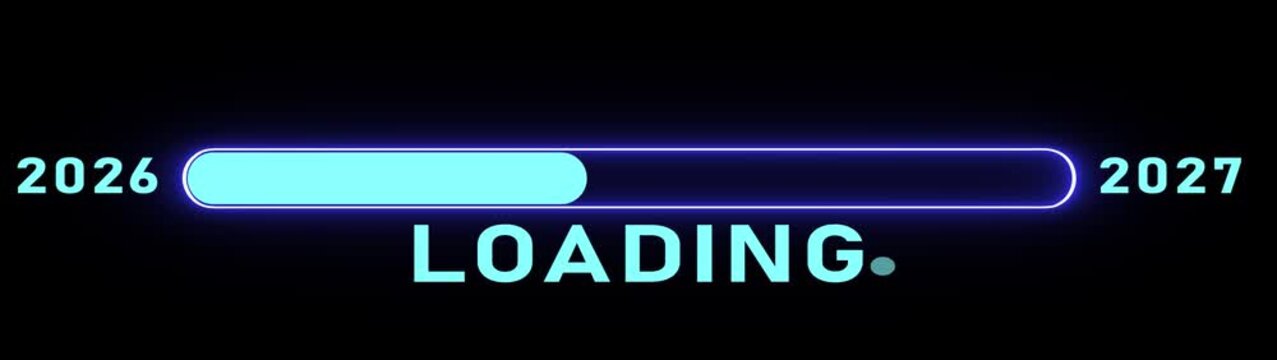 Glowing cyan Neon New Year 2027 loading bar animation. Year changing from 2026 to 2027. Loading bar from 2026 to 2027 new year transfer animation. Welcoming the happy new year 2027