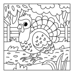 Fototapeta premium Coloring book for children with cute turkey on farm with country road and white fence. Black and white outline illustration for preschool and kindergarten kids. Square printable worksheet