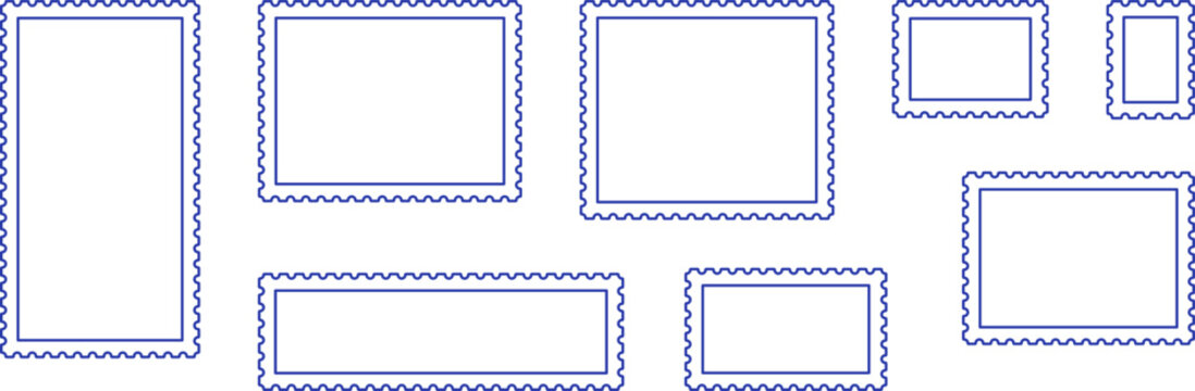 Stamp line frame, postage border sticker. Mail postcard outline icon, stamp label scallop edge. Decorative box square and rectangle shape set isolated on white background. Retro vector illustration