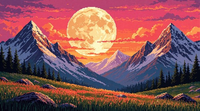 Pixel art landscape shows majestic mountains under huge full moon. Vibrant sunset sky with orange clouds over peaks. Peaceful nature scenery with pine forest, meadow, rocks. Retro gaming style