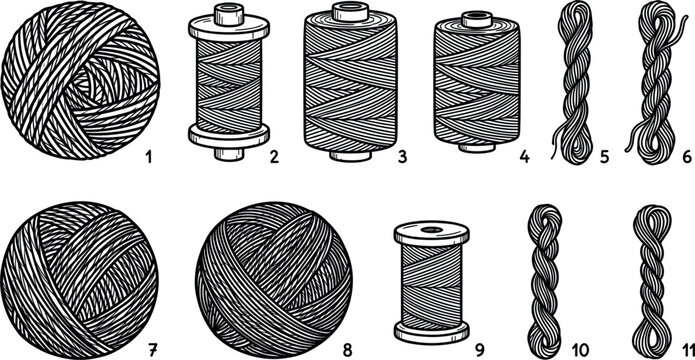 Sewing thread spools and yarn balls vintage line art vector icon collection for handcraft tailoring knitting embroidery hobby craft project design elements.