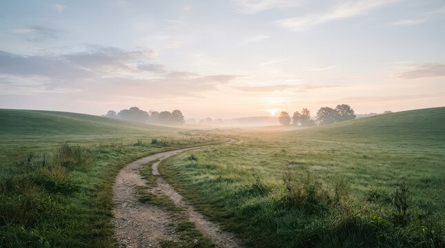 Winding Dirt Path Through Misty Green Rolling Hills at Sunrise trail dirt road