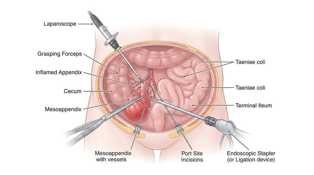 Laparoscopic appendectomy medical surgery illustration diagram image .