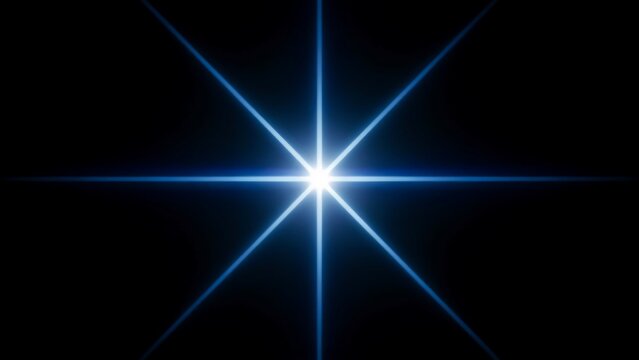 Bright blue star burst lens flare light effect on black background with illumination
