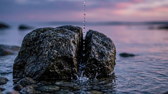 Large split rock in water with dripping water.