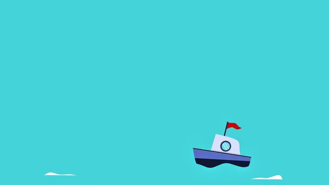 Minimalist 2D cartoon animation of a small blue boat with a red flag sailing across a flat teal water background with copy space above