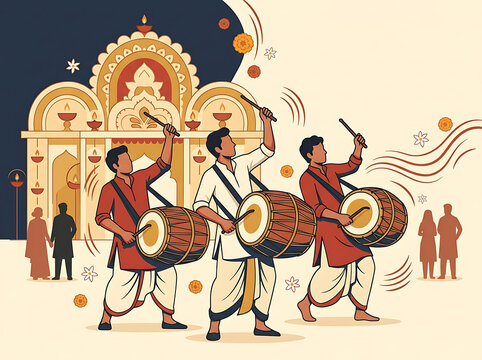 Indian men playing traditional dhol drums during festive celebration