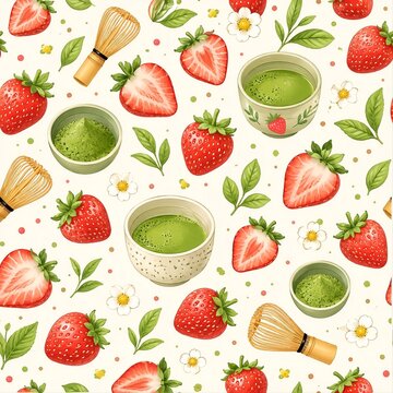 Matcha green tea and fresh strawberry seamless pattern watercolor illustration
