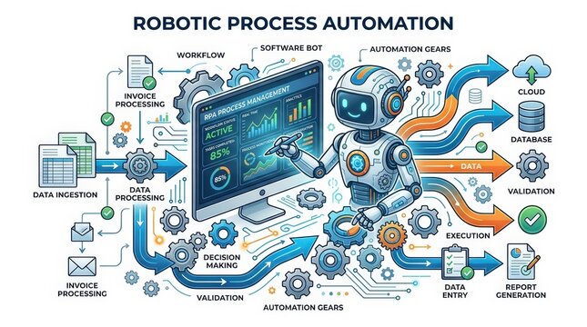 Robotic process automation flowchart with software bot, digital workflow diagram for business automation, AI data processing system
