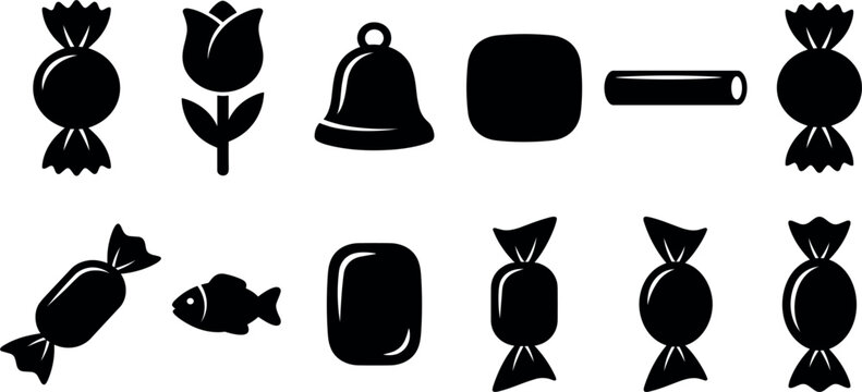 Collection of sweet candy black silhouette icons including wrapped caramels chocolate bars tulip flower and bell shapes isolated on white background vector illustration