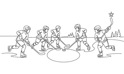Fototapeta premium Continuous line of five children playing ice hockey on a frozen pond, wearing helmets and skates, holding sticks, with a star on a stick, isolated on a white background