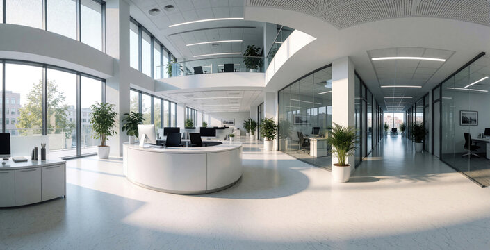 Modern office interior, spacious layout with glass walls, reception desk, workstations. Sunlight streams in through large windows, illuminating plants, creating bright atmosphere. Work environment