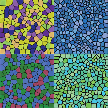 Four artistic square stained glass mosaic vector patterns with diverse colorful arrangements