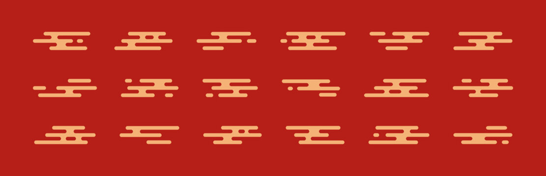 Japanese cloud icon, Chinese gold pattern. Japan style element, Asian sky shape set. Abstract oriental tradition, simple silhouette symbol on red background. Ethnic geometric tile. Vector illustration