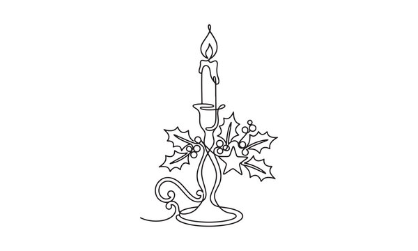 Continuous single line of a lit candle in a vintage candlestick holder decorated with holly leaves and berries, isolated on a white background, festive holiday