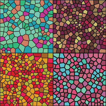 Four colorful stained glass mosaic patterns with geometric shapes in a vector design set