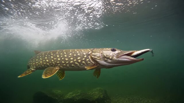Northern pike swimming in clear river and striking fishing lure underwater, split-level view