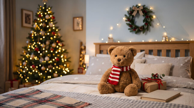 Cozy Christmas Bedroom with Teddy Bear and Festive Decor