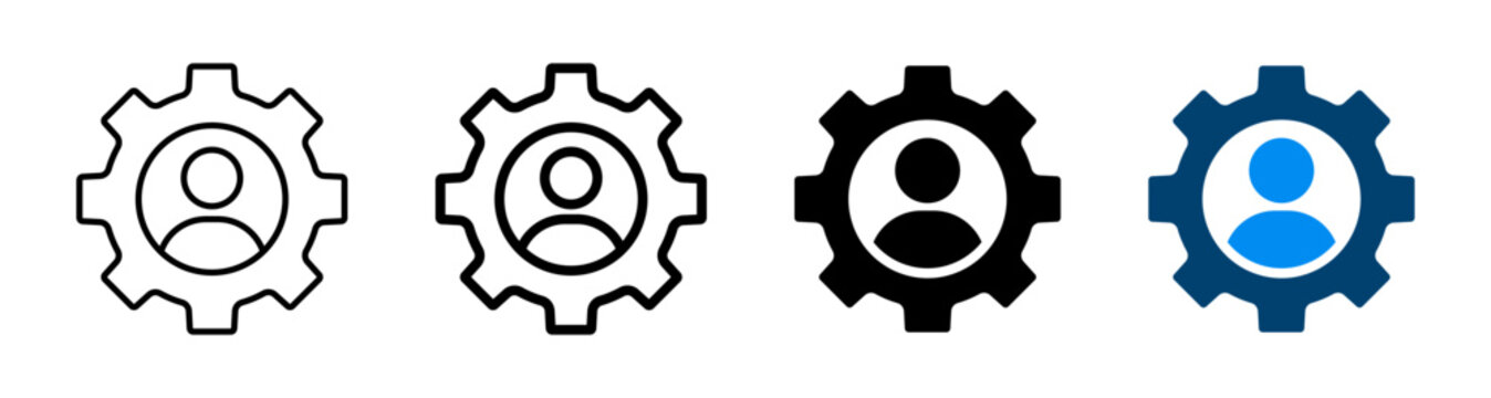 Person with gear icon representing human resource management, user profile setting, manpower development. Vector and transparent PNG