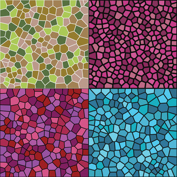Collection of vibrant stained glass mosaic patterns with geometric shapes in vector style